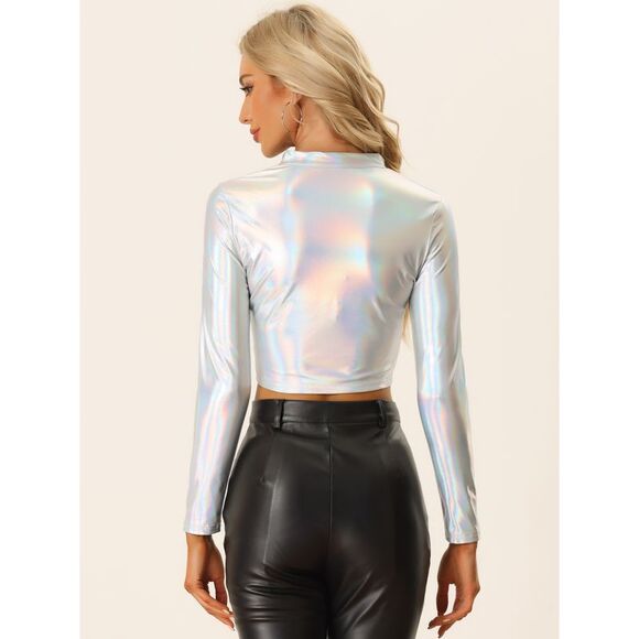Metallic Crop Top Mock Neck Long Sleeve Zip Up Party Shiny Tops Silver - Picture 3 of 5